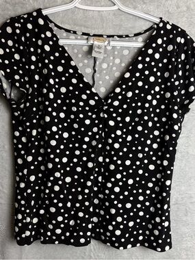 Talbots Women’s V-Neck Small Polka Dot Blouse Y2K Black Short Sleeve Vintage